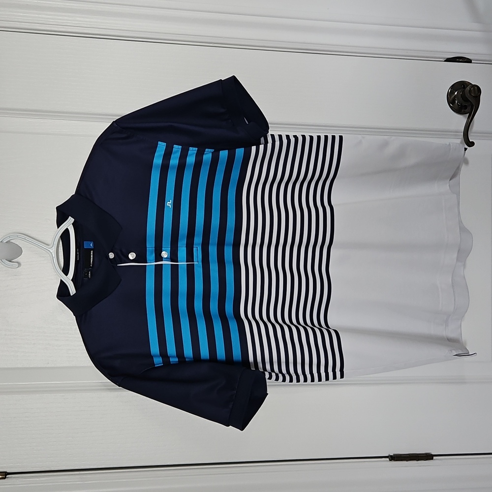 J.Lindeberg Blue and White Striped Polo Shirt